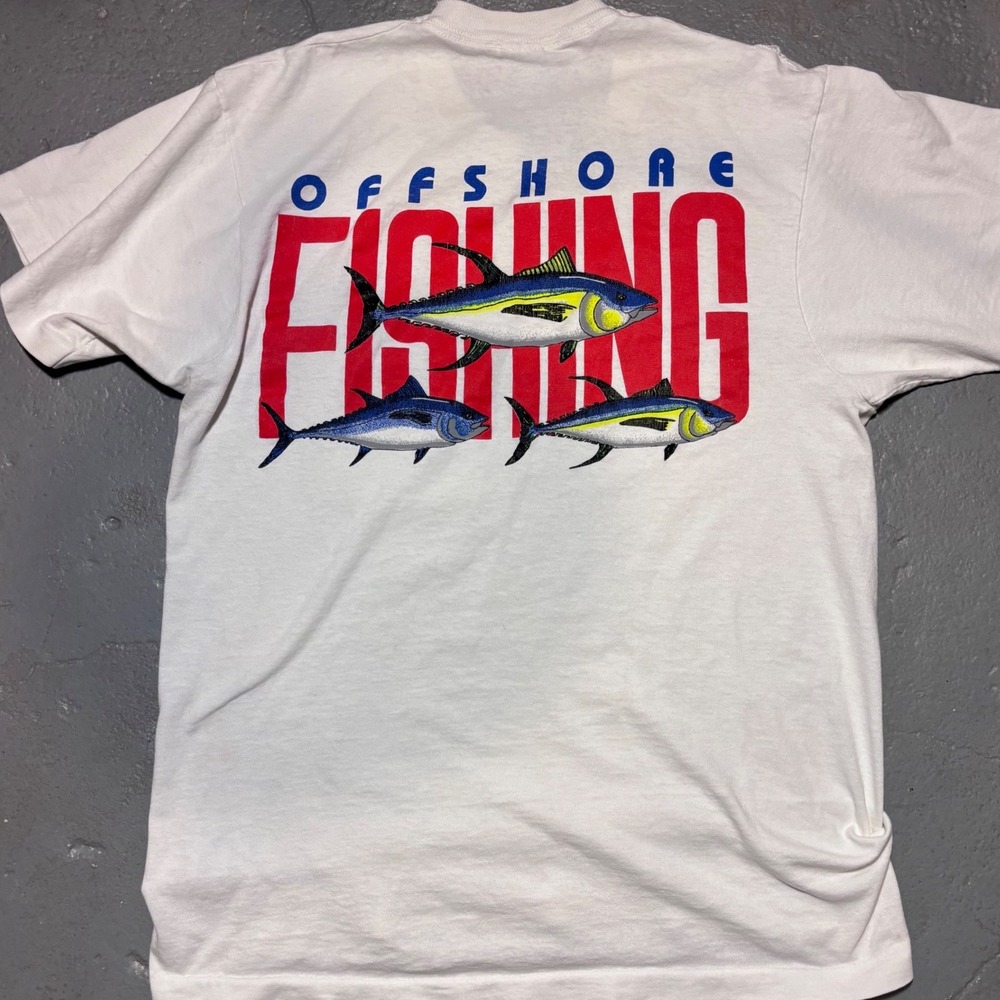Fruit of the Loom Fishing Shirt Mens L White Good Vintage Ocean City MD Tuna 90s